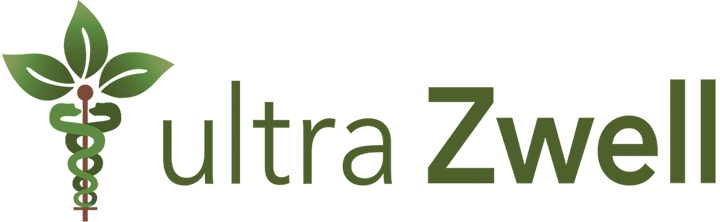 ultraZwell Logo with CBD oil, hemp leaves - Dark Green Colorado organic hemp leaves on top of a medical staff. 95% absorbable, full-spectrum, and great bio-availability because its water-based. 