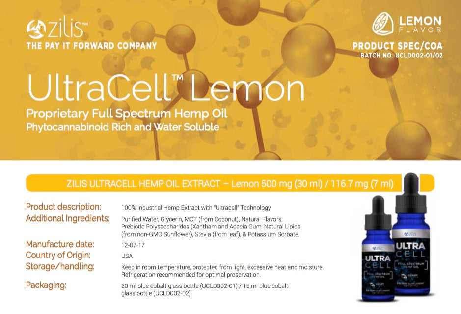 UltraCell Lemon CBD oil Product COA, or certificate of analysis, for ultraZwell and Zilis overview page