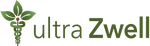 ultraZwell Logo with CBD oil, hemp leaves - Dark Green Colorado organic hemp leaves on top of a medical staff. 95% absorbable, full-spectrum, and great bio-availability because its water-based. 